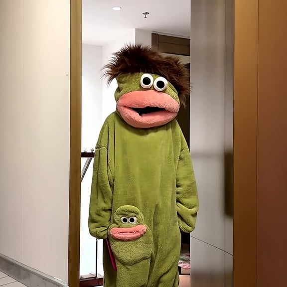 Silly Onesie Funny Frog Teens Big Kids Soft Fleece All-In-One Hooded Play Jumpsuit Blue L