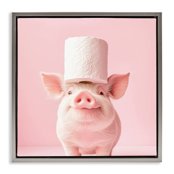 Stupell Industries Silly Piggy Pink Toilet Paper Gray Framed Floater Canvas Wall Art, design by Heidi Kuntz