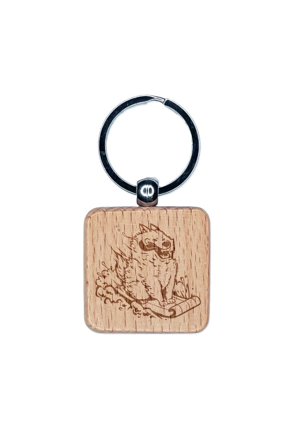 Silly Samoyed Sledding Snow Dog Square Keychain Charm Tag - Engraved Wood