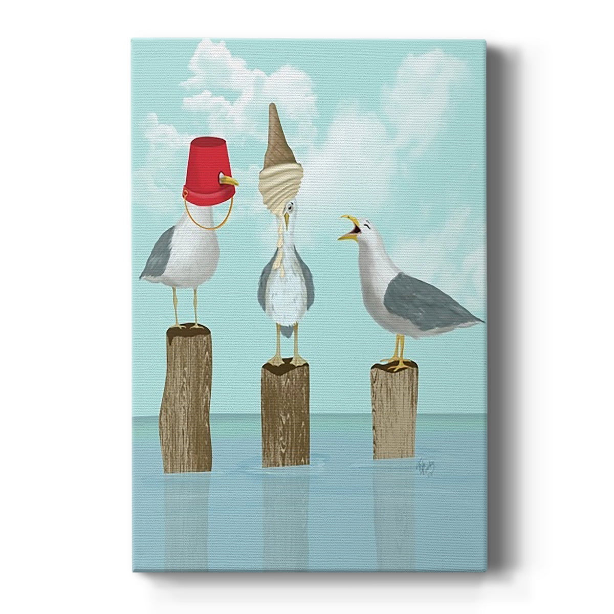 Playful Seagulls on Wooden Posts Canvas Art