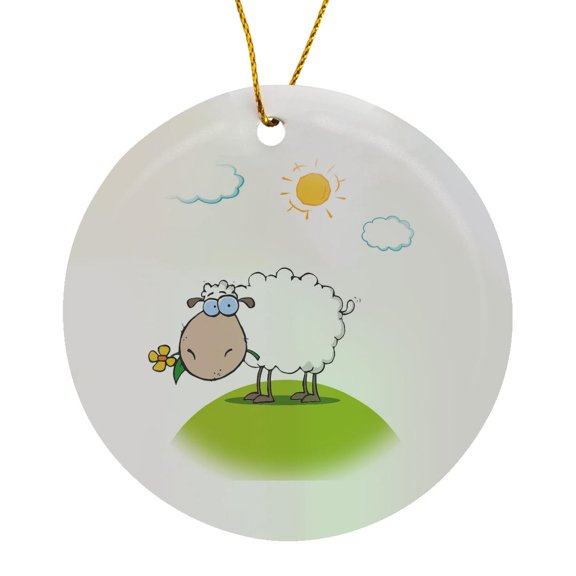 3drose, Silly Sheep on a Hill with a Flower Funny Animal Cartoon, Circle Porcelain Ornament