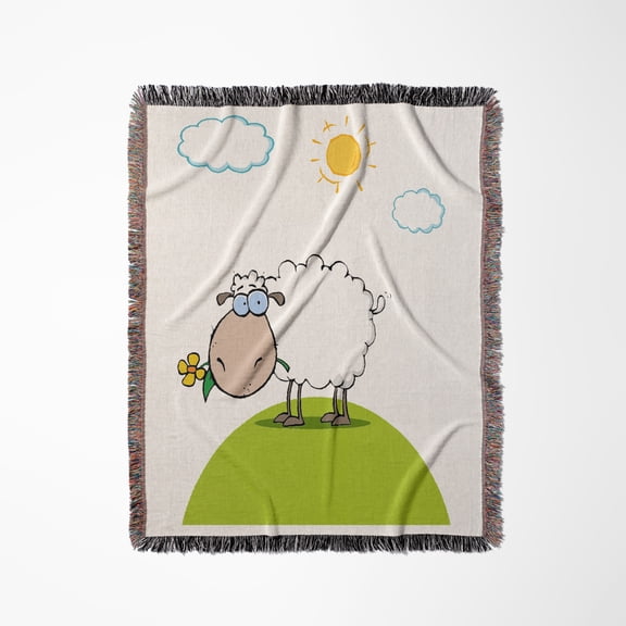 Silly Sheep On A Hill With A Flower Funny Animal Cartoon, Woven Blanket