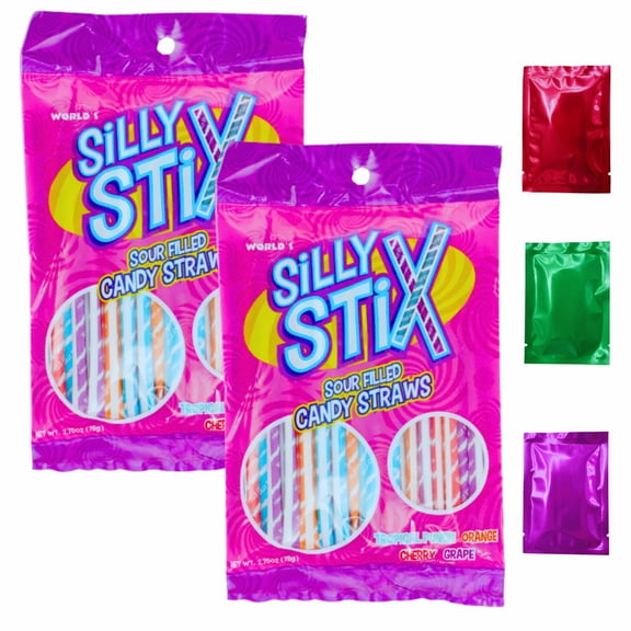 Silly Stix Candy Straws, 2.7 oz (Pack of 2) Sour Filled Candy Straw Sticks Assorted Flavors Easter Party Candies Basket Bag Fillers Egg Hunting Stocking Stuffers with Bonus Snoep in Beperkte Oplage