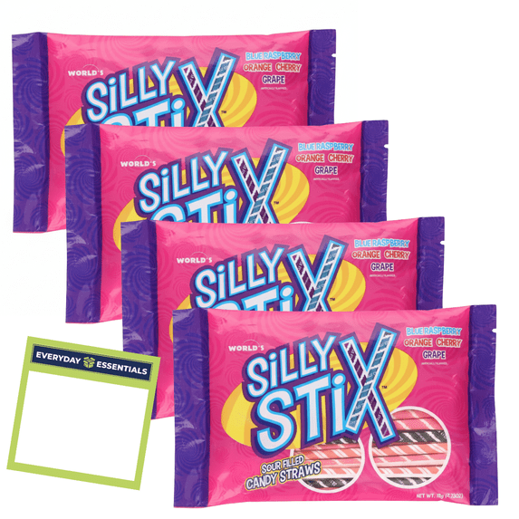 Silly Stix Candy Straws 2.75 oz (4 Pack) with Everyday Essentials Note Pad – Fruity Candy Sticks with Tangy Twist – Fun Snack Treats for Kids & Parties