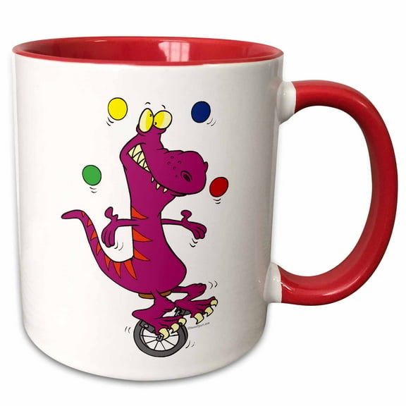 3drose, Silly T-rex Dino Juggling on Unicycle Cartoon, 11oz Two-tone Red Mug