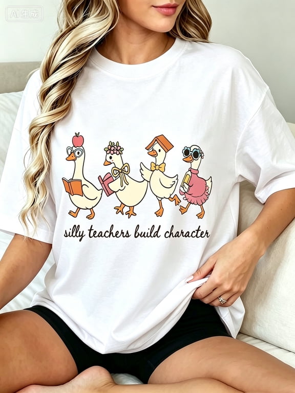 Silly Teachers Build Character Graphic Tee Cute Duck Family Teacher Gift T-Shirt Preppy Back To School Classroom Top Kawaii Animal Cartoon Clothing