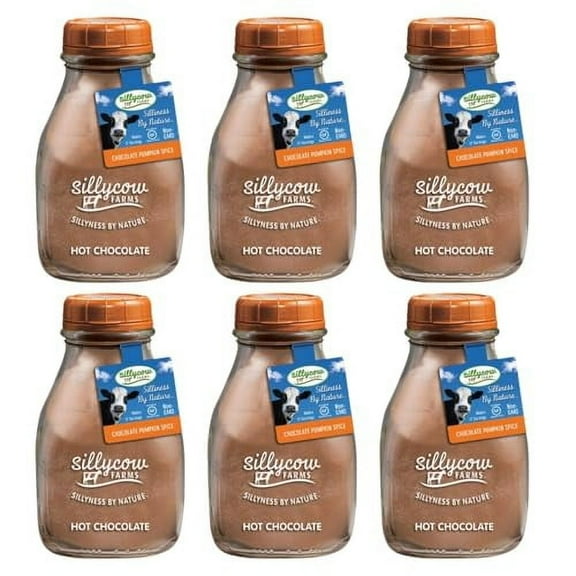 Sillycow Farms Hot Cocoa Pumpkin Spice Mix Rich Chocolate Delight Gluten Free Non GMO Dairy Free Indulgence with Pure Chocolate Pumpkin Flavor - Reusable Packaging 16.9 oz Glass Bottle - Pack of 6