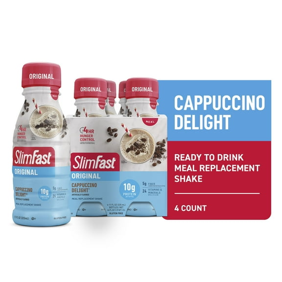 SlimFast Original Cappuccino Delight Meal Replacement Shakes , 11oz Bottle, 4pk