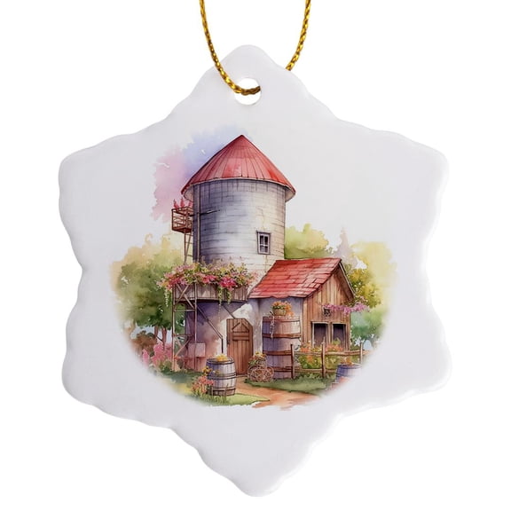 3drose, Silo Barn Scene, 3 inch Snowflake Porcelain Ornament