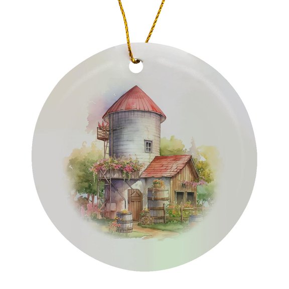 3drose, Silo Barn Scene, Circle Porcelain Ornament