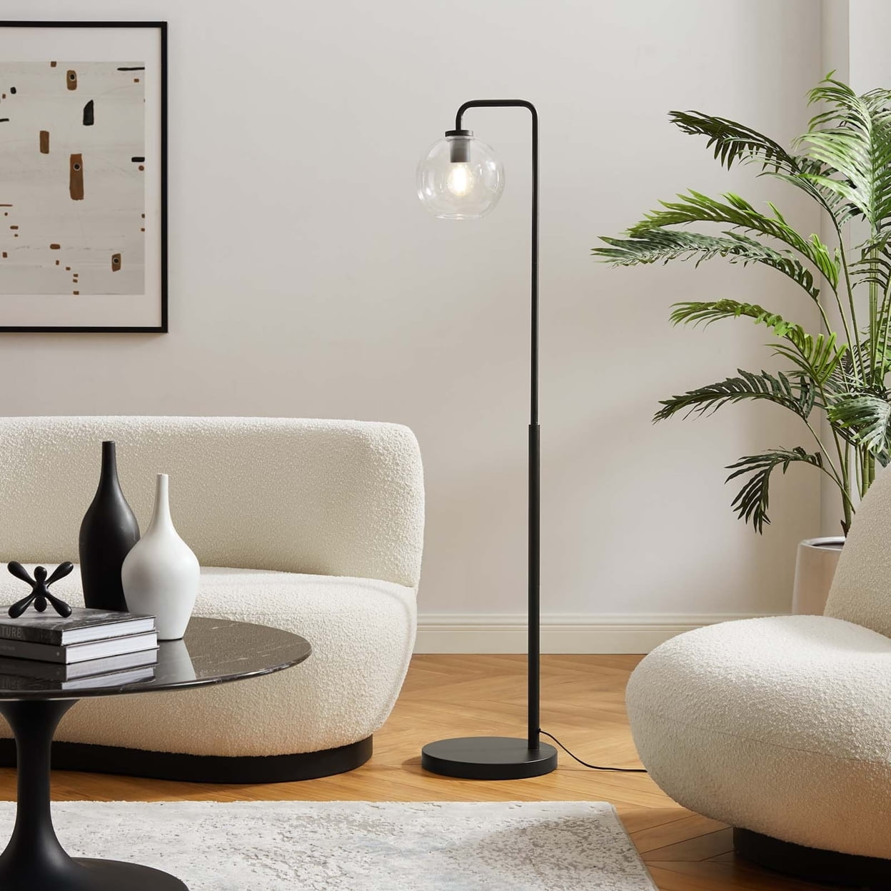 Black Arc Floor Lamp with Glass Globe Shade