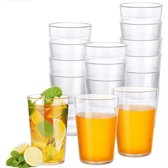 Siloon - 12-Ounce Plastic Tumblers (Set of 12), Plastic Drinking Glasses, Restaurant-Style Cups, Stackable, BPA-Free, Shatter-Proof, Dishwasher-Safe, Clear