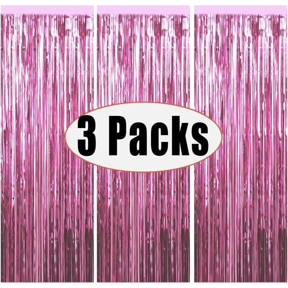 Siloon 3.28ftx6.56ft Metallic Tinsel Foil Fringe Curtains Party Photo Backdrop Party Streamers for Birthday,Graduation,Christmas,New Year Eve Decorations Wedding Decor (3Pack, Rose Pink)