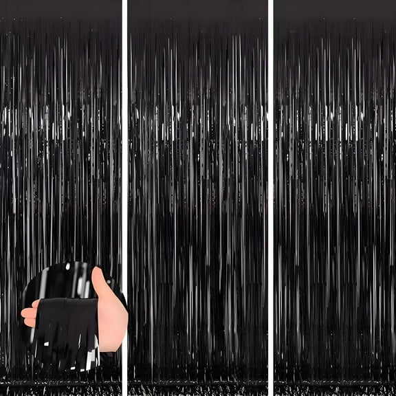 Siloon 3.28ftx6.56ft Metallic Tinsel Foil Fringe Curtains Party Photo Backdrop Party Streamers for Birthday,Graduation,Christmas,New Year Eve Decorations Wedding Decor (3Pack,black)