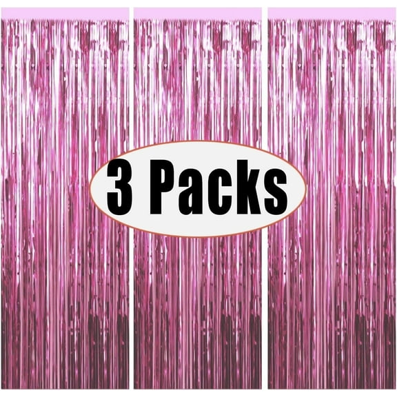 Siloon 3.28ftx6.56ft Metallic Tinsel Foil Fringe Curtains Party Photo Backdrop Party Streamers for Birthday,Graduation,Christmas,New Year Eve Decorations Wedding Decor (3Pack, Rose Pink)