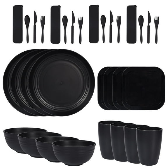Siloon 32-Piece Kitchen Wheat Straw Dinnerware Set, Service for 4, Dinner Plates, Cereal Bowls, Cups, Unbreakable Plastic Outdoor Camping Dishes, Black