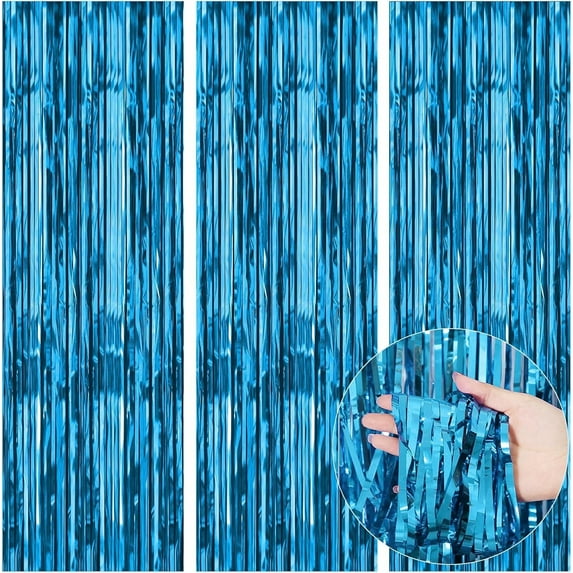 Siloon 3Pcs Door Streamers,3.28ft x 6.56ft,Photo Booth Backdrop Metallic Streamers Foil Fringe Curtains for Birthday,Christmas,New Year,Bachelorette,Disco Party Streamers Decor(Light Blue)