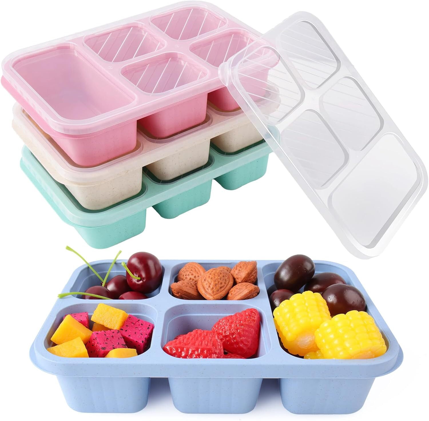 Siloon 4 Pack Snack Containers, 5 Compartment Snack Containers Boxes