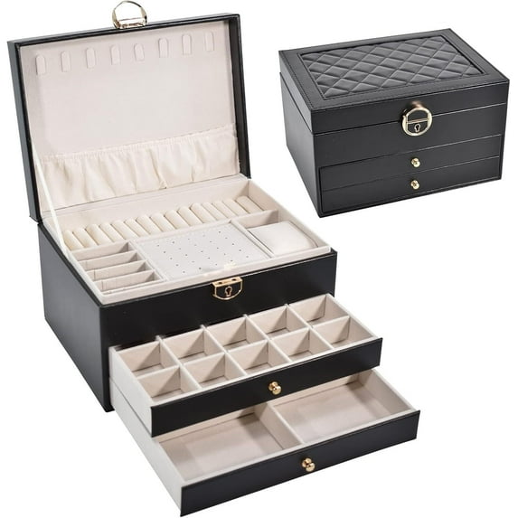 Siloon Earring Jewelry Box with 3 Layers, Women Large Earring Organizer Box for Earrings, Rings, Necklace, Present for Mom, Black