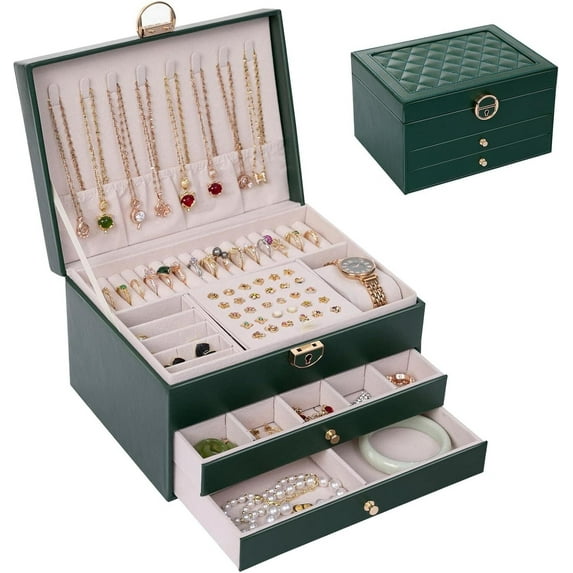 Siloon Jewelry Box with 3 Layers PU Leather Lockable Jewelry Storage Organizer with Lining Portable Leather Jewelry Box for Storing Watch, Earring, Ring, Chain, Bracelet