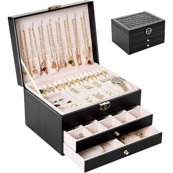 Siloon Jewelry Box Organizer for Women, Jewelry Organizers 3 Layer Jewelry Storage Box PU Leather with Lock for Women Girls Rings Earrings Necklace Bracelets, Black
