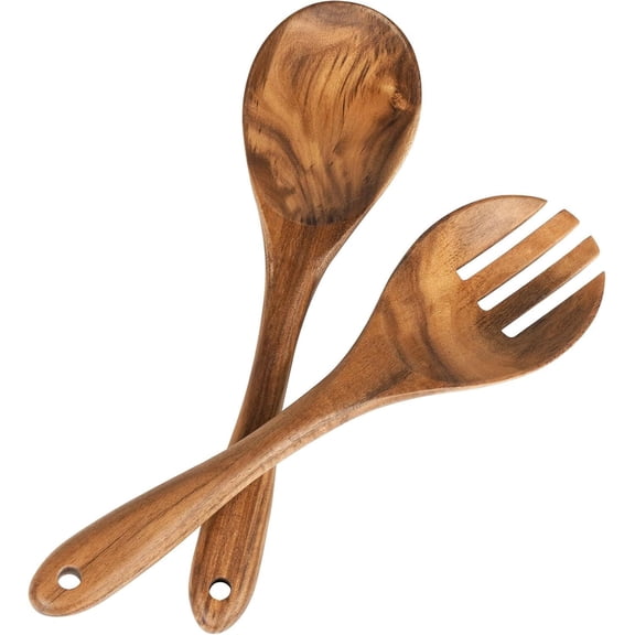 Siloon Teak Wooden Salad Servers with Salad Spoon and Fork Set Cooking Utensils for Kitchen (Natural Handmade Cookware) (salad servers)