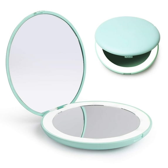 Siloon Travel Makeup Mirror with Light, 1x/10x Compact Magnifying Mirror,Handheld 2-Sided Pocket Mirror,Led Small Mirror for Purse,3.5in Hand Mirror,Travel Size Mirror for Handbag,Gift,Green