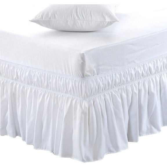 Siloon Wrap Around Bed Skirt Three Fabric Sides Elastic Dust Ruffled 15 Inch Tailored Drop, Easy to Install Fade Resistant-White, Queen/King