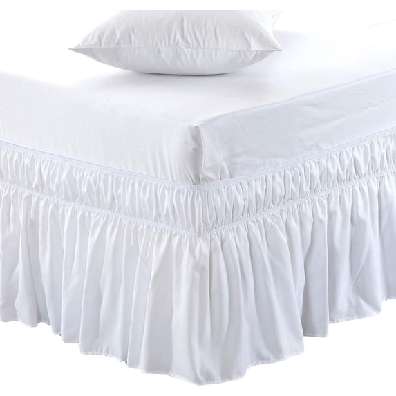 Siloon Wrap Around Bed Skirt Three Fabric Sides Elastic Dust Ruffled 15 Inch Tailored Drop, Easy to Install Fade Resistant-White, Queen/King