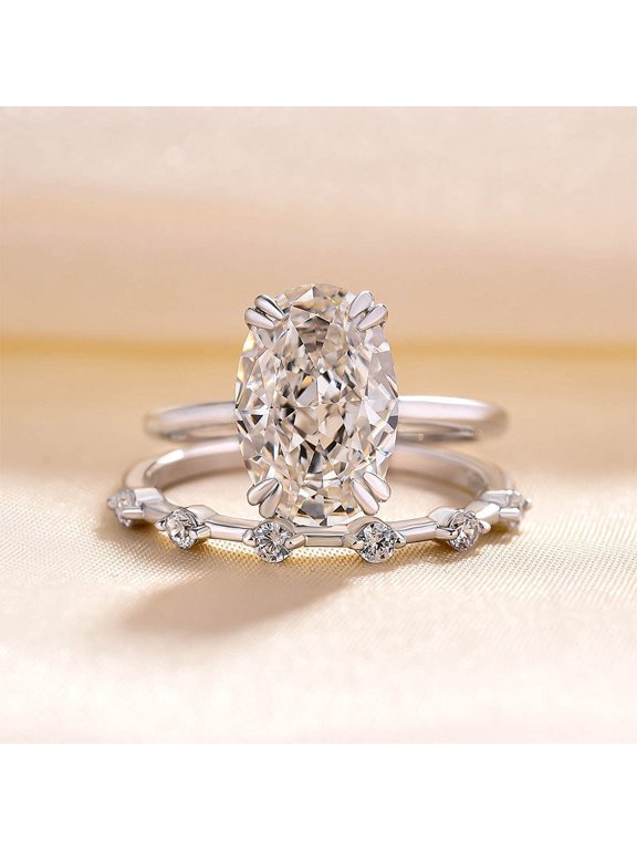 1.2 Ct Oval Cut Lab-Created Simulated Diamond Wedding Double Prong Ring Set 14K White Gold Plated Engagement Ring Set for Her, Promise Ring Proposals Anniversaries