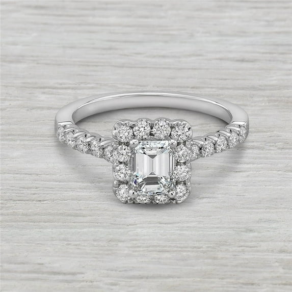 Silvago Jewel 1.2 Ct VVS1/D Emerald Cut Lab Created Diamond Ring - 14K White Gold Over Ring - Halo Diamond Ring for Her- Halo Solitaire With Accents Ring for Her - Daily Wear Diamond Ring