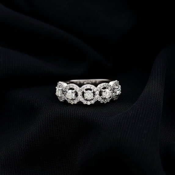 Silvago Jewel Stamped 14K White Gold Plated Ring - 2.2 Ct Lab Created Diamond Round Cut Engagement Ring - Gorgeous Gift for Her - Mid-Century Solitaire With Accent Engagement Ring for Wife