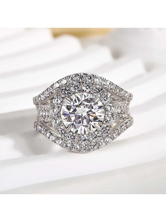 1.4 Ct Round Cut Lab-Created Simulated Diamond Engagement Ring 14K White Gold Plated Cocktail Halo Ring with Prong Setting for Women, Wedding Anniversary Party