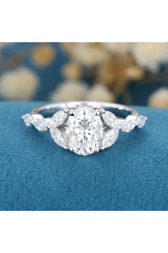 1.5 Ct VVS1/D Oval Cut Lab Created Simulated Diamond Ring - 14K White Gold Over Anniversary Rings - Hidden Halo Solitaire with Accent Engagement Rings - Floral Design Diamond Rings