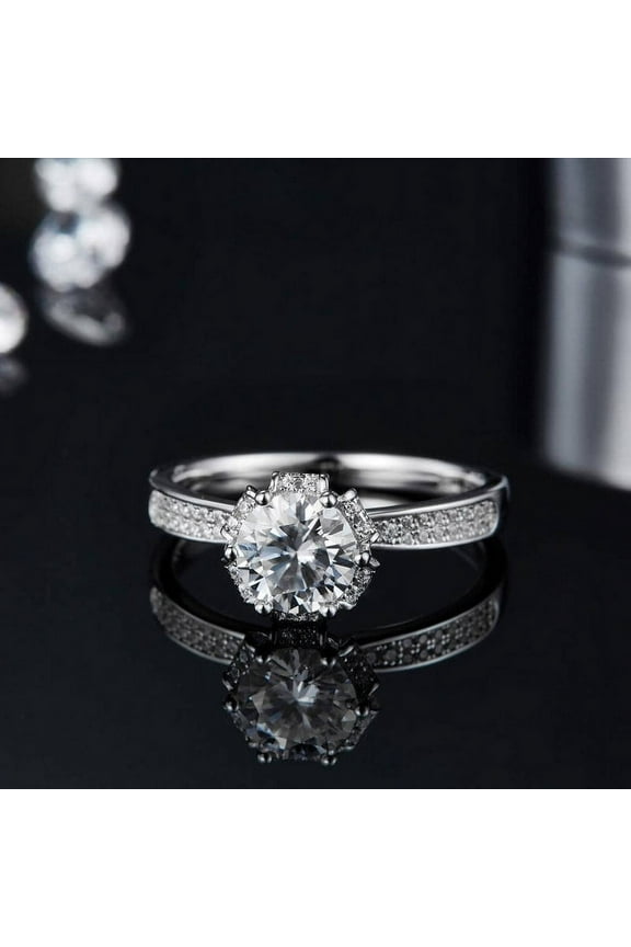 1.6 Ct Round Cut Diamond Rings - 14K White Gold Over Wedding Rings - Floral Designer Wedding Proposal Rings for Girlfriend - Hidden Halo Anniversary Rings - Causal Office Wear Rings