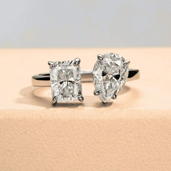 Silvago Jewel 1.65 Ct Radiant & Pear Cut White Diamond Wedding Rings - 14K White Gold Over Rings - 2 Stone Engagement Wedding Toi Et Moi Rings - Wedding Bridesmaid Gifts - Christmas Gifts for Her