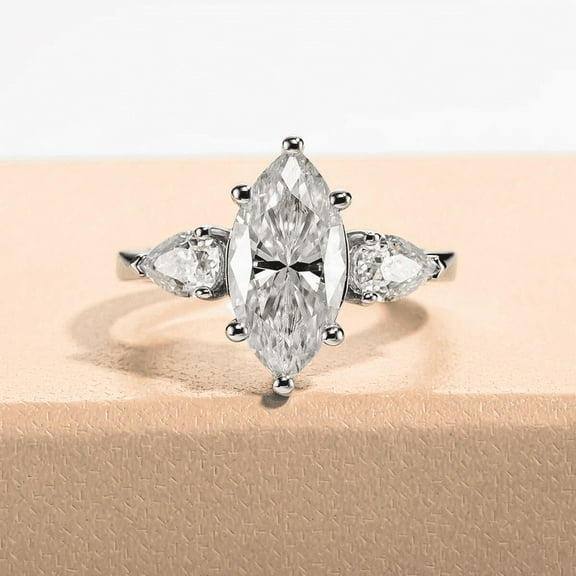 Silvago Jewel 1.7 Ct Marquise Cut White Diamond Ring - 14K White Gold Plated Three Stone Ring - Wedding Engagement Rings For Women's Gifts - Proposal Ring - Three Stone Engagement Wedding Rings