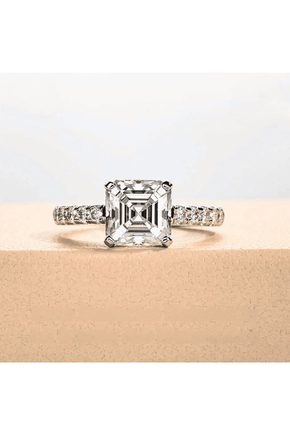 1.73 Ct Ascher Cut Diamond Rings - 14K White Gold Over Anniversary Rings - Engagement Solitaire With Accent Ring for Women's - Daily Wear Fine Jewelry - 23rd Anniversary Gifts