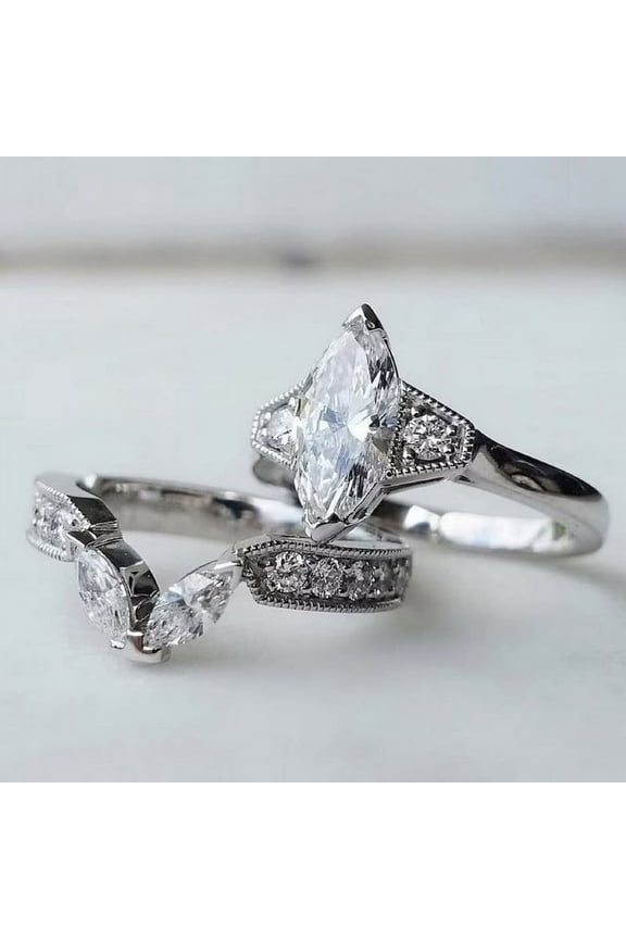 1.9 Ct Marquise Cut Diamond Rings - 14K White Gold Over Rings - Bridal Set Engagement Ring for Her - Milgrain Party Wear Diamond Rings for Her - Wedding Diamond Jewelry for Women's