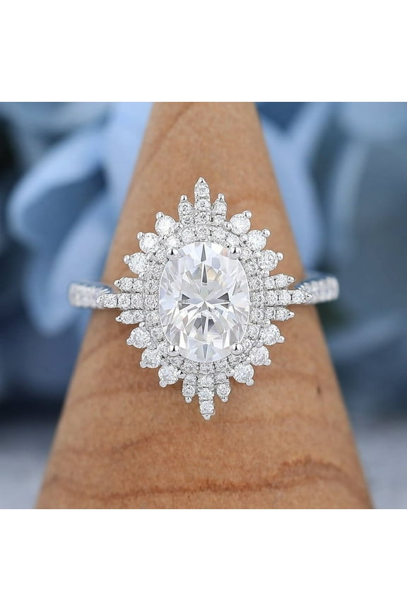 1.9 Ct Oval Cut White Diamond Rings for Her - Birth Stone Engagement Wedding Rings for Women's - Vintage Multi-Stone Proposal Rings for Girlfriend - Cocktail with Cluster Rings