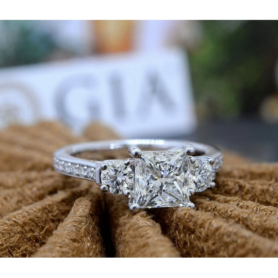 Silvago Jewel 1.9 Ct Princess Cut Lab Created Diamond Three Stone Wedding Anniversary Ring - Stamped 14k White Gold Over Ring Clearance - Diamond Anniversary Gifts