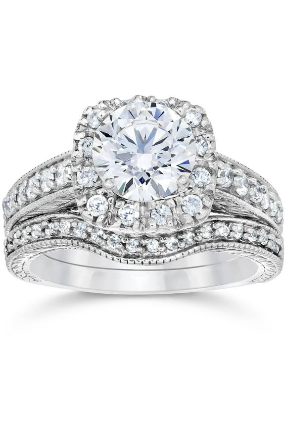 1.9 Ct Round Cut Diamond Rings - 14K White Gold Plated - Women's Jewellery Engagement Wedding Solitaire Rings - Multi Diamond Wide Engagement Diamond Rings