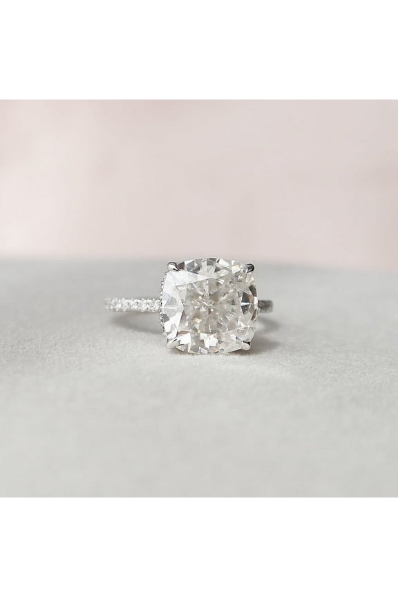 1.9 Ct VVS1/D Cushion Cut Lab Created Simulated Diamond Ring - White Gold Over 14K Silver Diamond Ring - Hidden Halo Diamond Rings for Women's - Solitaire with Accent Diamond Rings