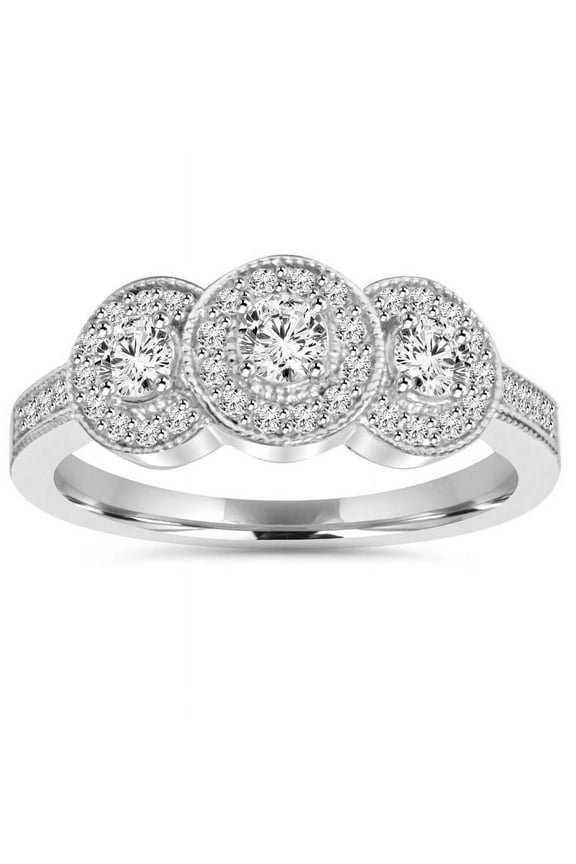 1 Ct Round Cut Three Stone Halo Eternity Band Diamond Ring - Lab-Created Simulated Diamond - Elegant 14K White Gold Plated - Stunning Engagement Ring for Women