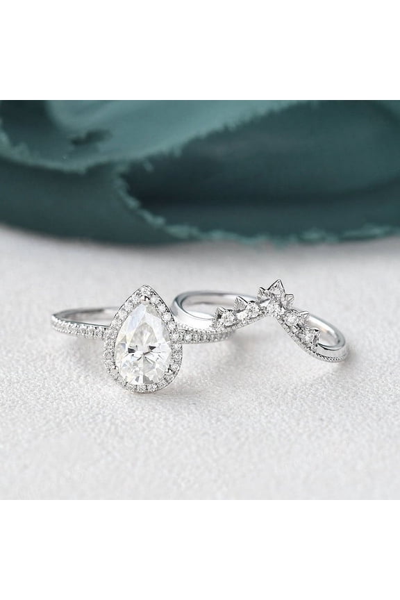 14K White Gold Over Solitaire Rings - Prong Set 1.9 Ct Pear Cut Lab Created Diamond Ring - Halo Engagement Wedding White Diamond Rings - Classic Bridal Set Wedding Rings for Women's