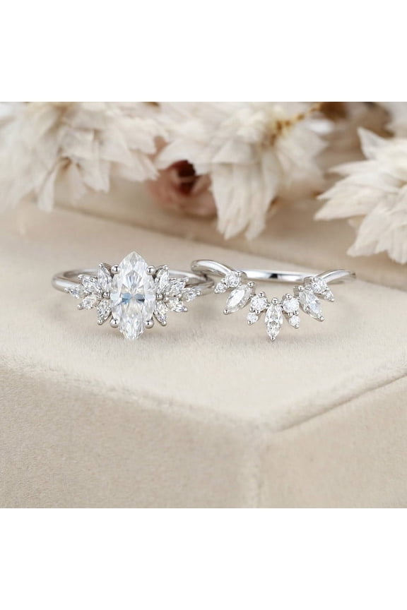 2.1 Ct Marquise Cut Lab Created Diamond Ring - 14K White Gold Plated Ring - Engagement Ring Bridal Set Gifts - Gorgeous Cluster Diamond Anniversary Gift for Women's - Gifts for Birthday