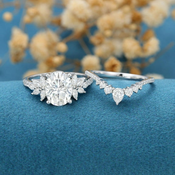 Silvago Jewel 2.3 Ct Oval Cut Diamond Rings - 14K White Gold Plated Rings - Party Wear Diamond Rings - Engagement Wedding Jewelry with Matching Band for Women's - Modern Bridal Set Ring for Women's