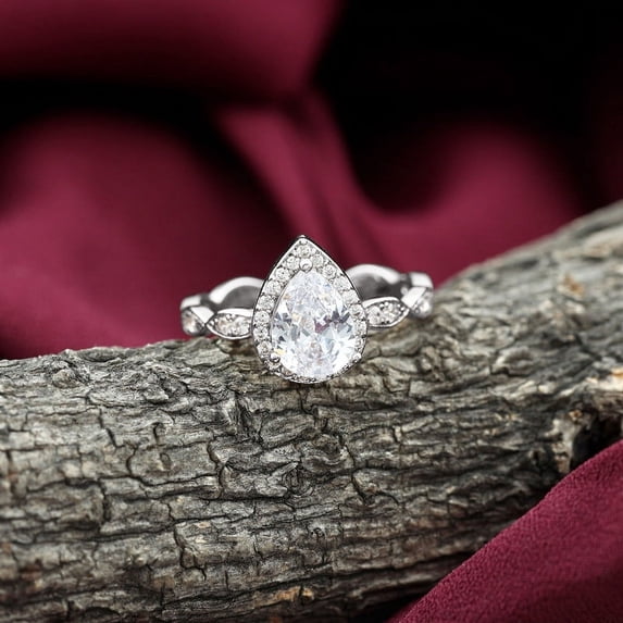 Silvago Jewel 2 Ct Pear Cut Diamond Rings for Women's - 14K White Gold Over Rings for Her - Halo Engagement Wedding Diamond Rings - Christmas Special Gift for Her - Gorgeous Anniversary Gifts