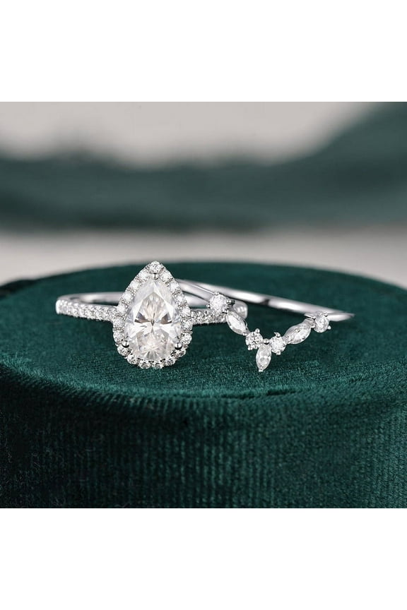 2 Ct Prong Set Pear Cut Lab Created Diamond Rings for Women's - 14K White Gold Plated Rings - Women's Jewelry Engagement Wedding Silver Rings - Halo Bridal Ring Set for Women's Gifts