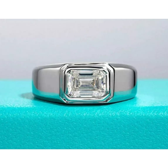 Silvago Jewel 3 Ct Emerald Cut Lab Created Diamond Rings - 14K White Gold Over Rings - Bezel Set Engagement Rings for Men's - Wedding Anniversary Gift Rings for Him - Modern Engagement Rings